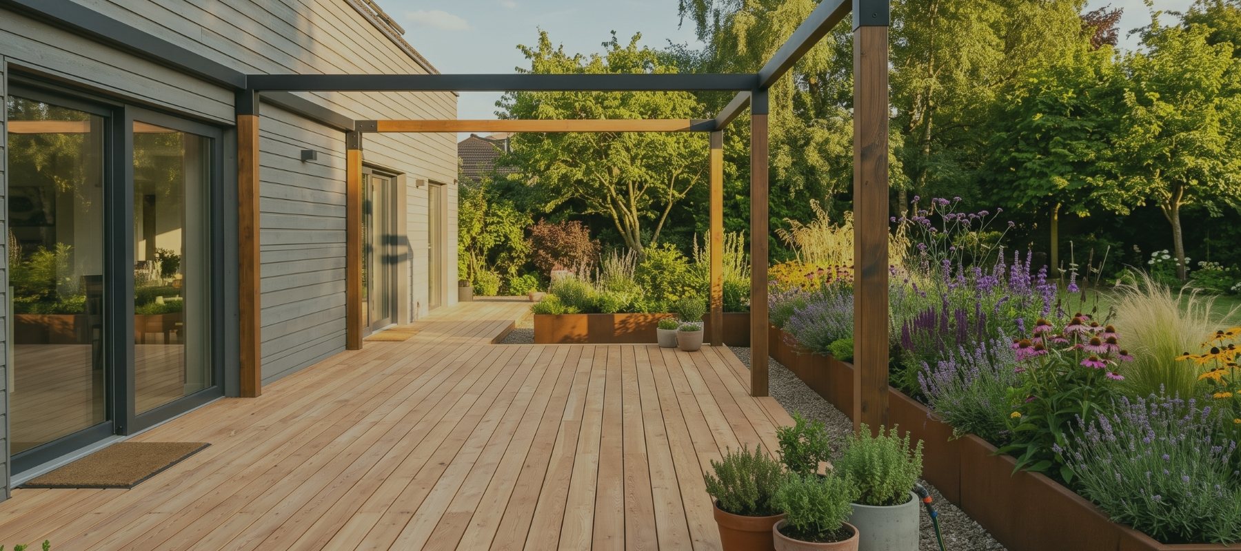 Holzterrasse mit Pergola aus Holz und Metall, davor Hochbeet und Staudenbepflanzung