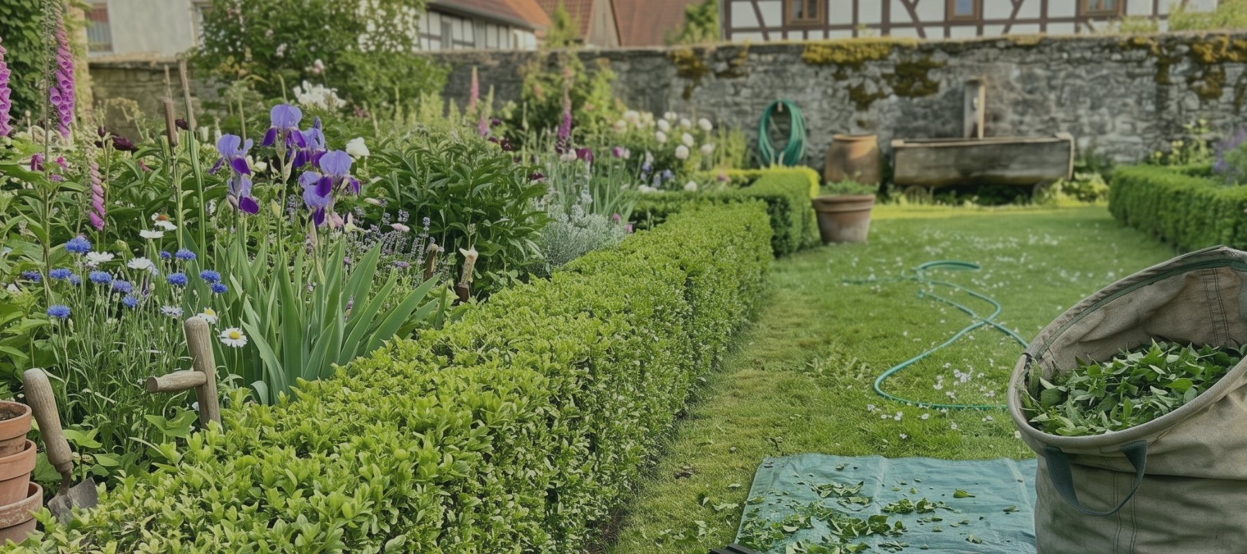 Gepflegter Garten mit geschnittener Buchshecke, Staudenbeet und Rasenfläche