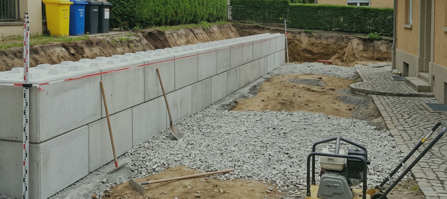 Betonmauer im Bau mit gespanntem Schnurgerüst, Kies und Rüttelplatte davor